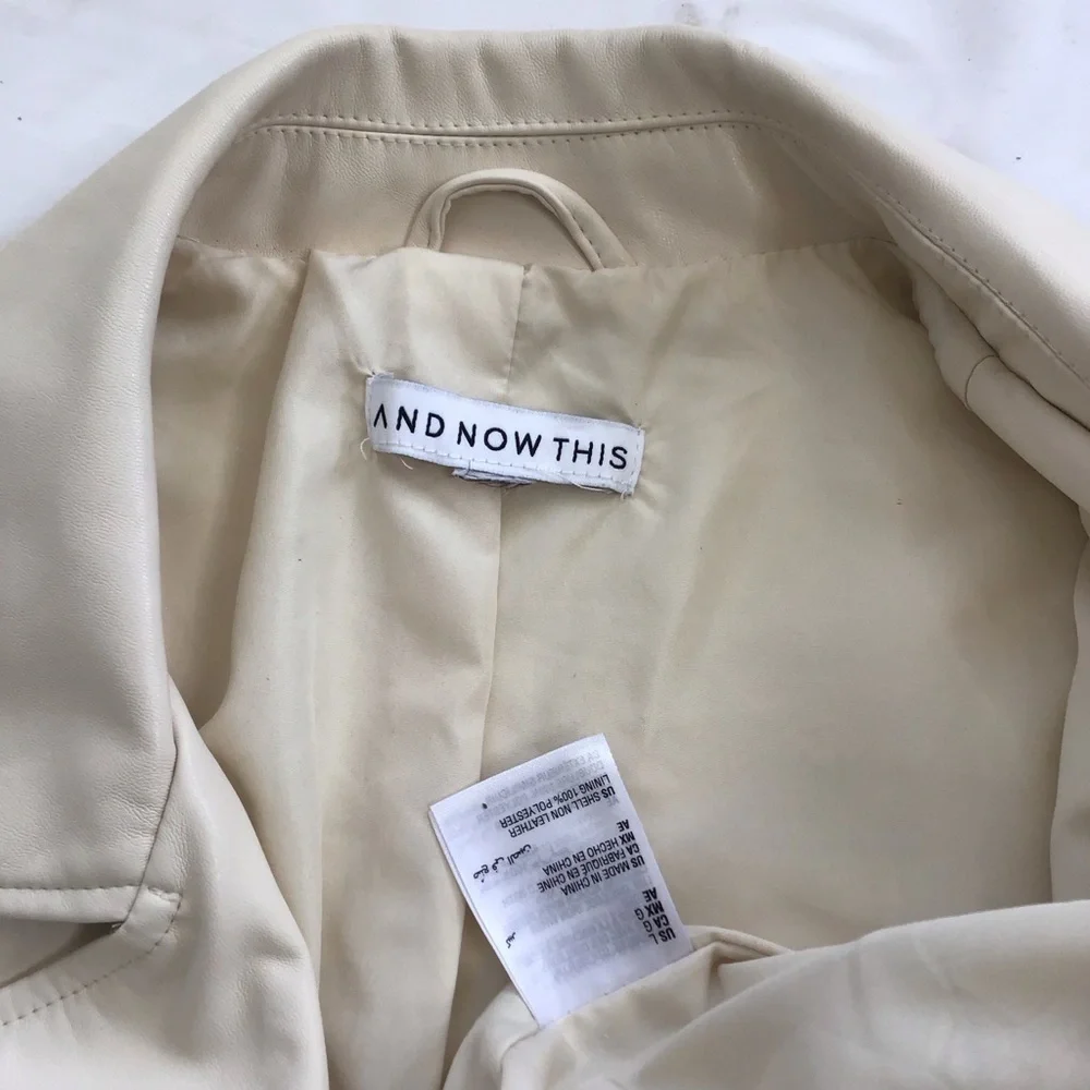 AND NOW THIS WOMEN STYLISH CREAM FAUX LEATHER COLLARED ZIPPER MOTO JACKET SZ L - Picture 12 of 12